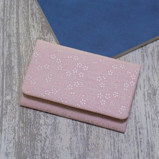 Kyoto business card case, cotton oxford, light pink ground, cherry blossom and running water, silver