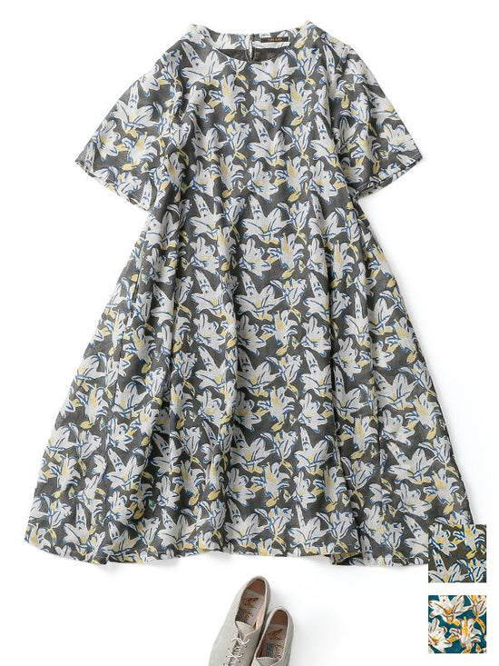 Hand-Drawn Floral Block Print Cotton Linen A-Line Dress [Expected to arrive in early May].