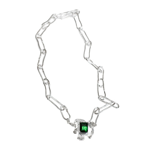 Silver 925 Totemic Frame Chain Necklace (Emerald Glass)