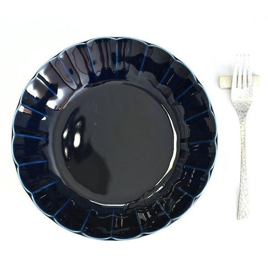 Fiore navy flower-shaped 24cm deep dish, blue, Western tableware, round plate, made in Japan, Minoyaki, stylish.