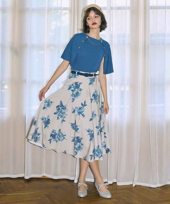 Art Rose Pattern Flared Skirt with Belt / an another angelus [51BG02p001].