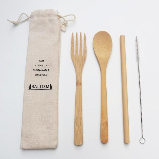 Bamboo Cutlery Set BCS-01 (straw, spoon, fork, cleaning brush, storage pouch) | BALIISM