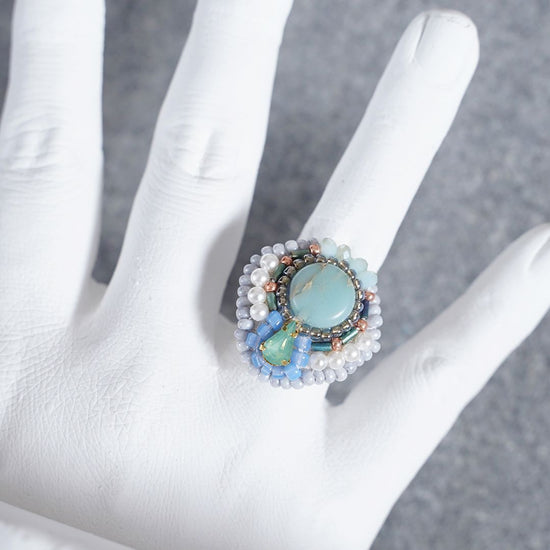 Chatty ring 70 free size bead embroidery ring round blue multicolor