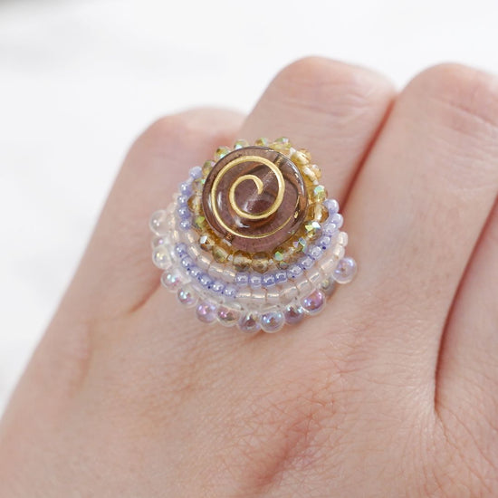 Chatty ring 42 free size bead embroidery ring round vortex pink multicolor