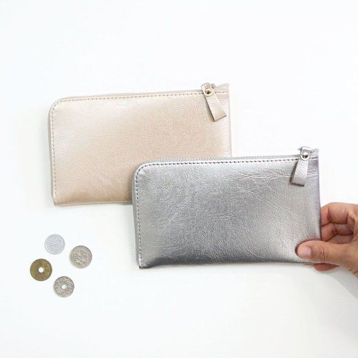 Thin compact long wallet [fits bills perfectly] made of metallic colored vegan leather (Man-made leather). For minimalists!