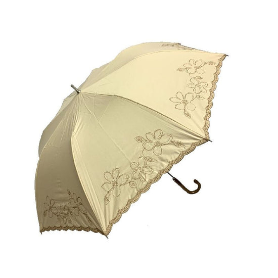 Short Wide Umbrella Cotton and Polyester Hem Scalloped Plumeria Embroidery Rain or Shine