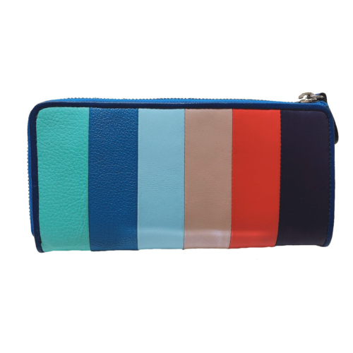 Striped cowhide long wallet in blue