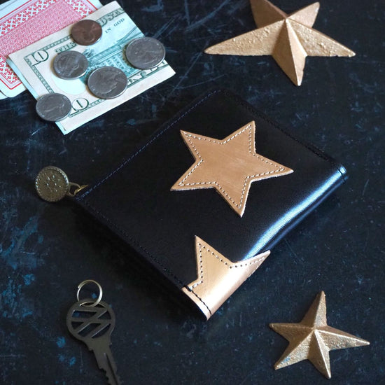 L-Shaped Zipper Wallet (Star Patchwork) Genuine Leather Compact Star