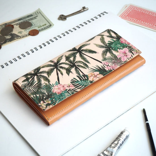 Flap Long Wallet (Tropical Palm) All Leather Ladies and Men