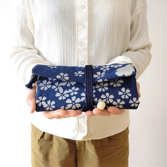 Kyoto Michu purse, denim navy blue rolled bag, cherry blossom, silver