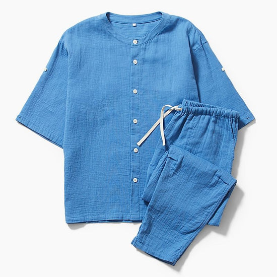 Cotton Linen High-Twisted Waffle Gauze Short-Sleeved Pajamas for Men Blue