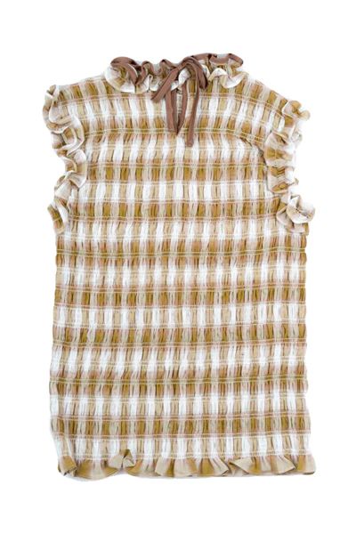 Shirred Check Blouse (Beige)