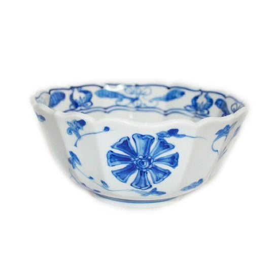 [Eisyou] Deep six-sided bowl with floral wheel design in underglaze blue