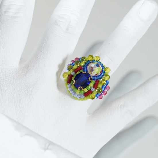 Chatty ring 114 free size bead embroidery ring colorful green cape ring multicolor