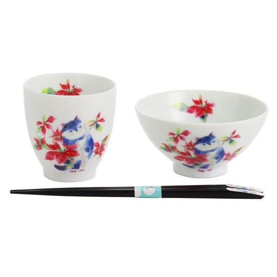 Hidamari Neko Teacup in a Bowl Poinsettia with Tenpou Chopsticks (23202)