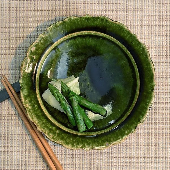 Oribe Rinka 6" Dish, Greenish, Japanese Tableware, Faceted, Made in Japan, Minoyaki, Stylish, Modern