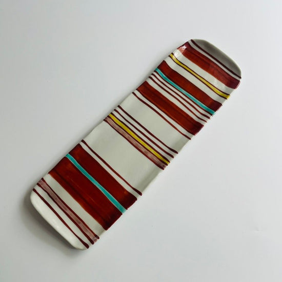 [Tada Tetsuo] Striped design with underglaze blue stripes, oblong dish (long and narrow)