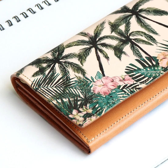 Flap Long Wallet (Tropical Palm) All Leather Ladies and Men