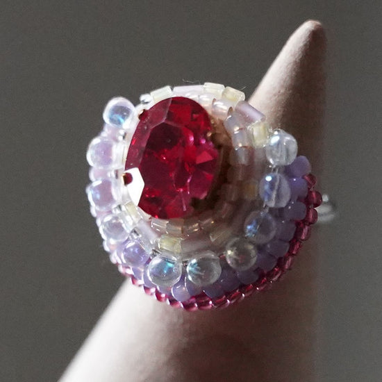 Chatty ring 94 free size bead embroidery ring pink purple