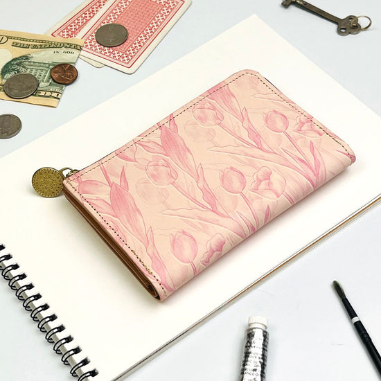 L-Shaped Zipper Middle Wallet (Feminine Tulip) Flower Cowhide Compact