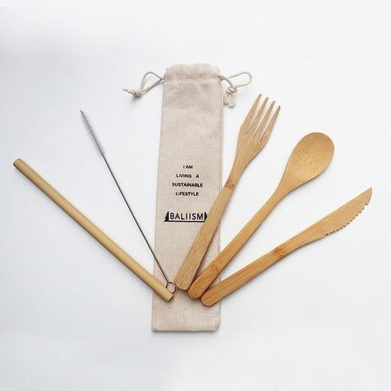 Bamboo Cutlery Set BCS-02 (straw, spoon, fork, knife, cleaning brush, storage pouch) | BALIISM