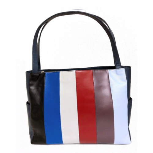 Cowhide leather striped tote bag in navy