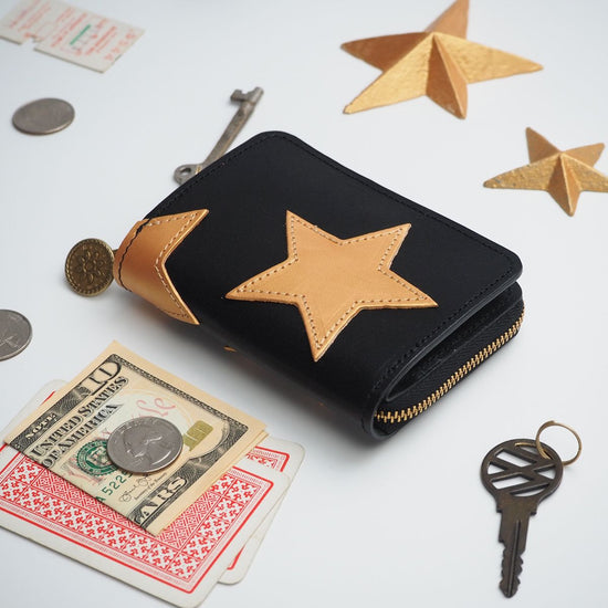 Key Wallet [ Key Case + Mini Wallet ] (Black / Star Patchwork) Genuine Leather Compact Star