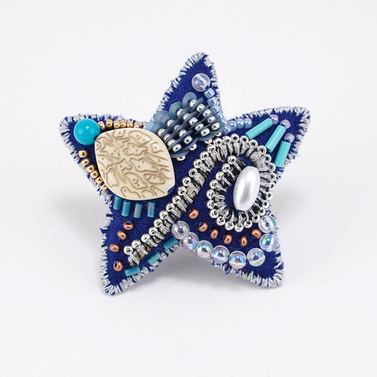 Christmas ornament. Very lightweight star brooch with bead embroidery, 2 Blue.