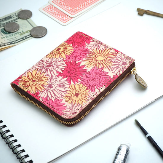 L-Shaped Zipper Wallet (Gerbera) Genuine Leather Compact Flower Pattern