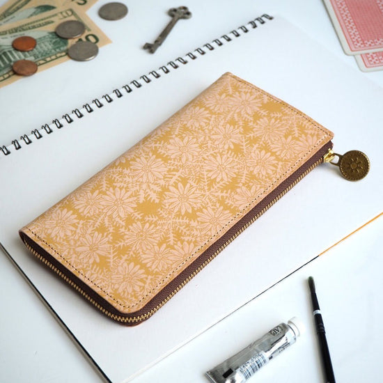 L-Shape Zipper Long Wallet (Peaceful Daisy) All Leather for Ladies and Men