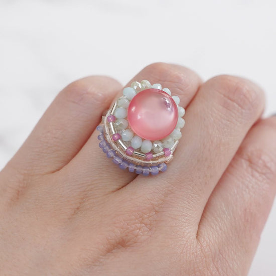 Chatty ring 54 free size bead embroidery ring round pink blue multicolor