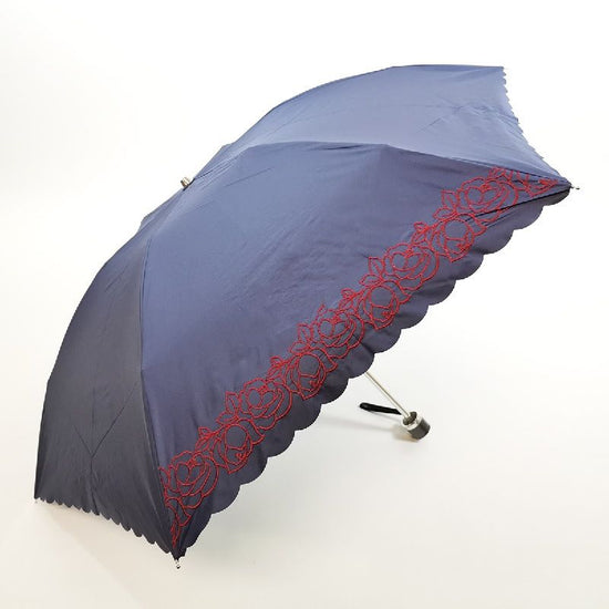 Heat-Shielding & Full Shading 2-Piece Rose Embroidery & Heat-Cut Hem 3-Tiered Folding Umbrella for Sun & Rain Black Coated Back