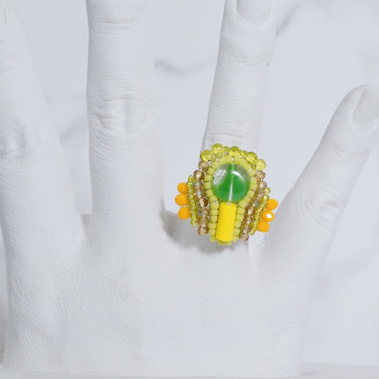 Chatty ring 56 free size beads embroidery ring round green yellow colorful vitamin color