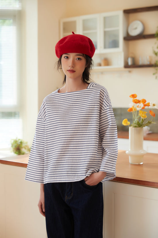 BLUE 100% Cotton Boat Neck Long-Sleeved Border Top