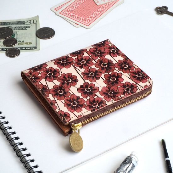 L Shaped Zipper Wallet (Chocolate Cosmos) Genuine Leather Compact Floral Pattern Ladies