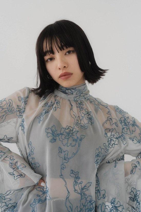 Embroidery Sheer Blouse/Ice Blue