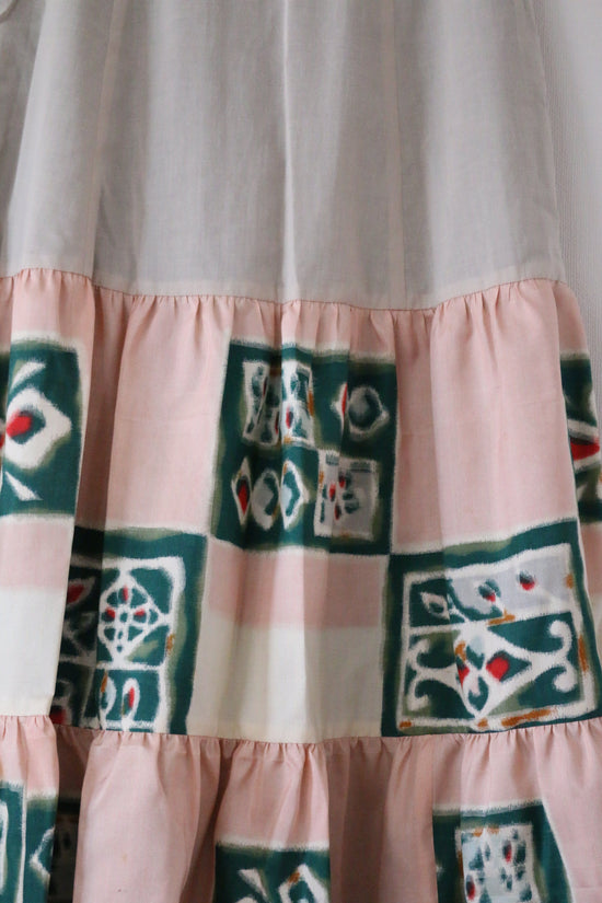 Abstract Peach and Green Pattern -Meisen Teered Skirt-beige- (Japanese textile)