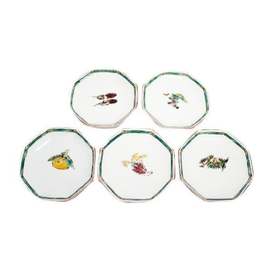 [Eisyou] Four-Sun Octagonal Dish with a Variation of Designs of Saigoe (set of 5)