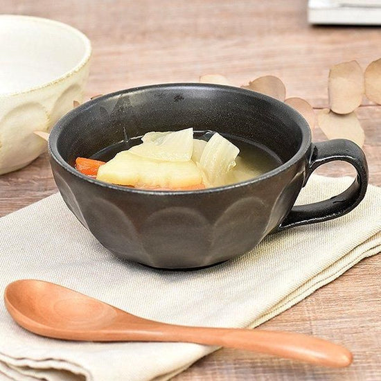 Linka Black Soup Cup, black type, Japanese tableware, small bowl, made in Japan, Minoyaki, stylish, modern