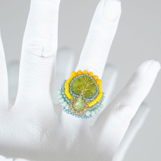 Chatty ring 92 free size bead embroidery ring leaf yellow green