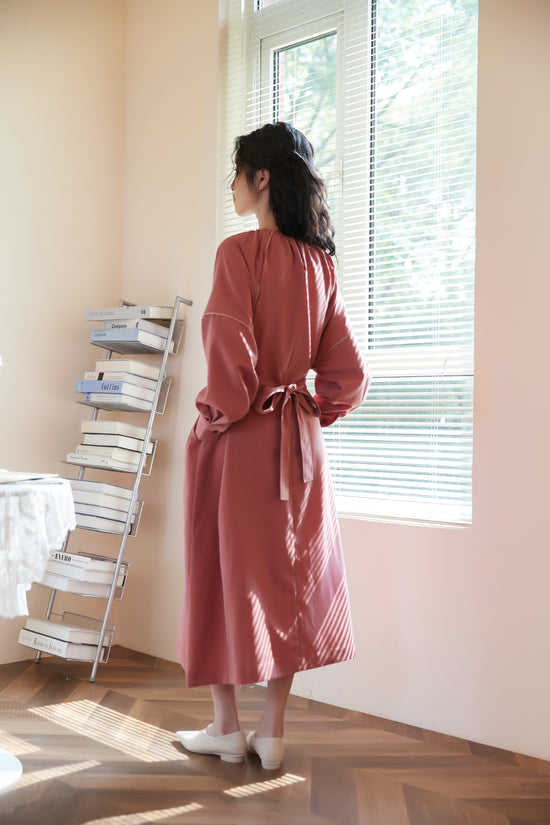 Long-Sleeved Gathered Dress with Piping Detail Belt