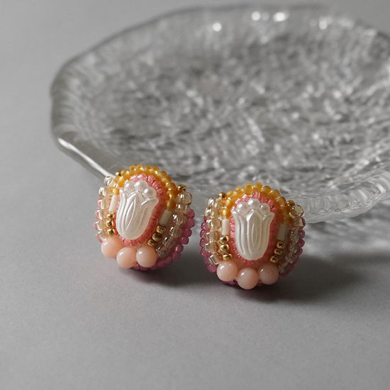 Bead embroidery Clip-on earrings Pierced earrings 3 pink white yellow large one-of-a-kind