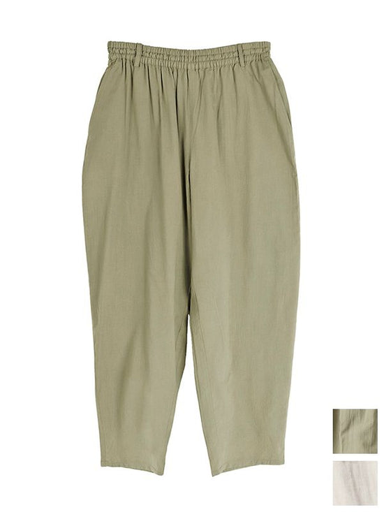 Cotton tapered pants with elastic waistband [expected to arrive in mid-May].