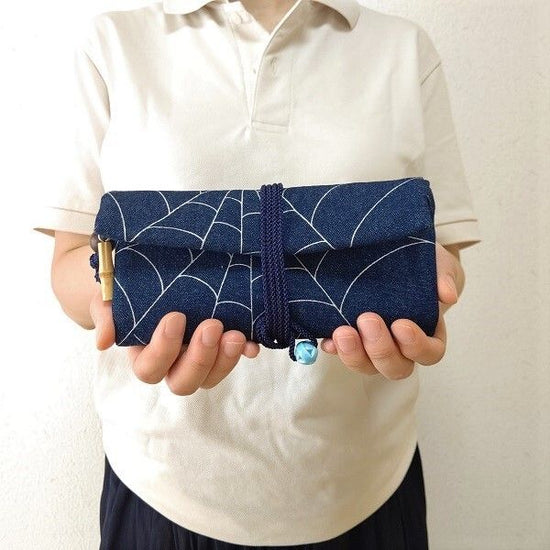 Kyoto, Michu purse, rolled bag, made of dark blue denim, spider web, silver