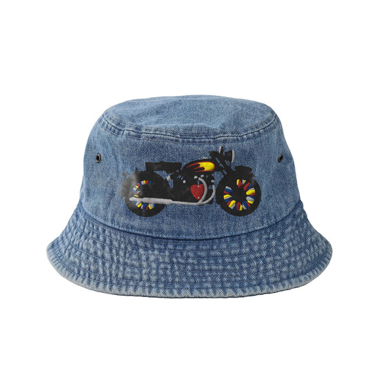 Vintage Motorcycle Large Embroidery / Denim Bucket Hat