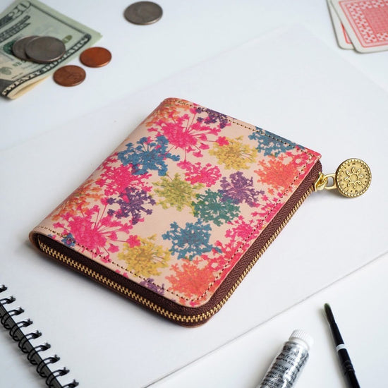 L-Shape Zipper Wallet (Vivid Lace Flower) All Leather for Ladies and Men