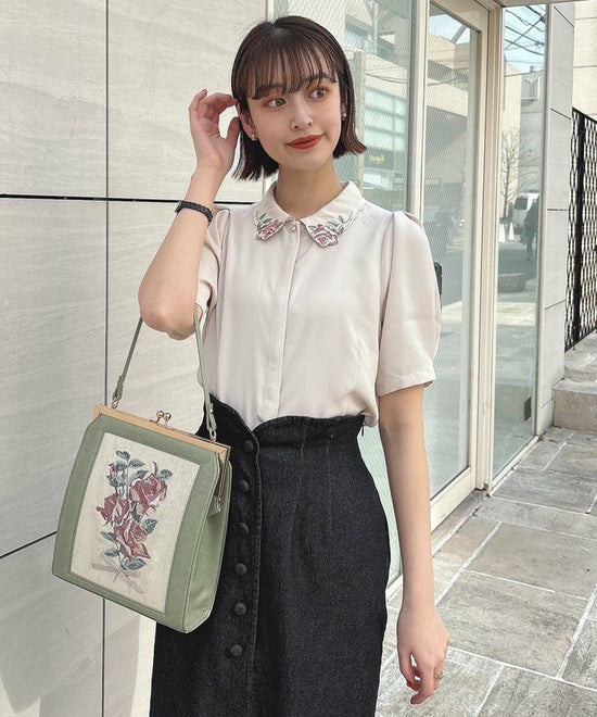 Rose Painting Touch Embroidery Collar Blouse