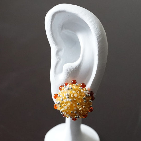 Kitchen 13 Clip-on earrings Pierced earrings beaded embroidered yellow orange brown silver large