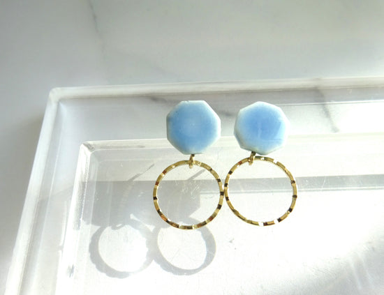 Octagonal and Gold Ring Ceramic Pierced Earrings / Clip-on Earrings Light Blue