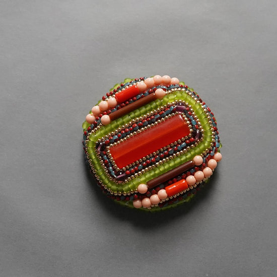 Chatty brooch large 6 beads embroidery brooch red green colorful unique one-of-a-kind Christmas